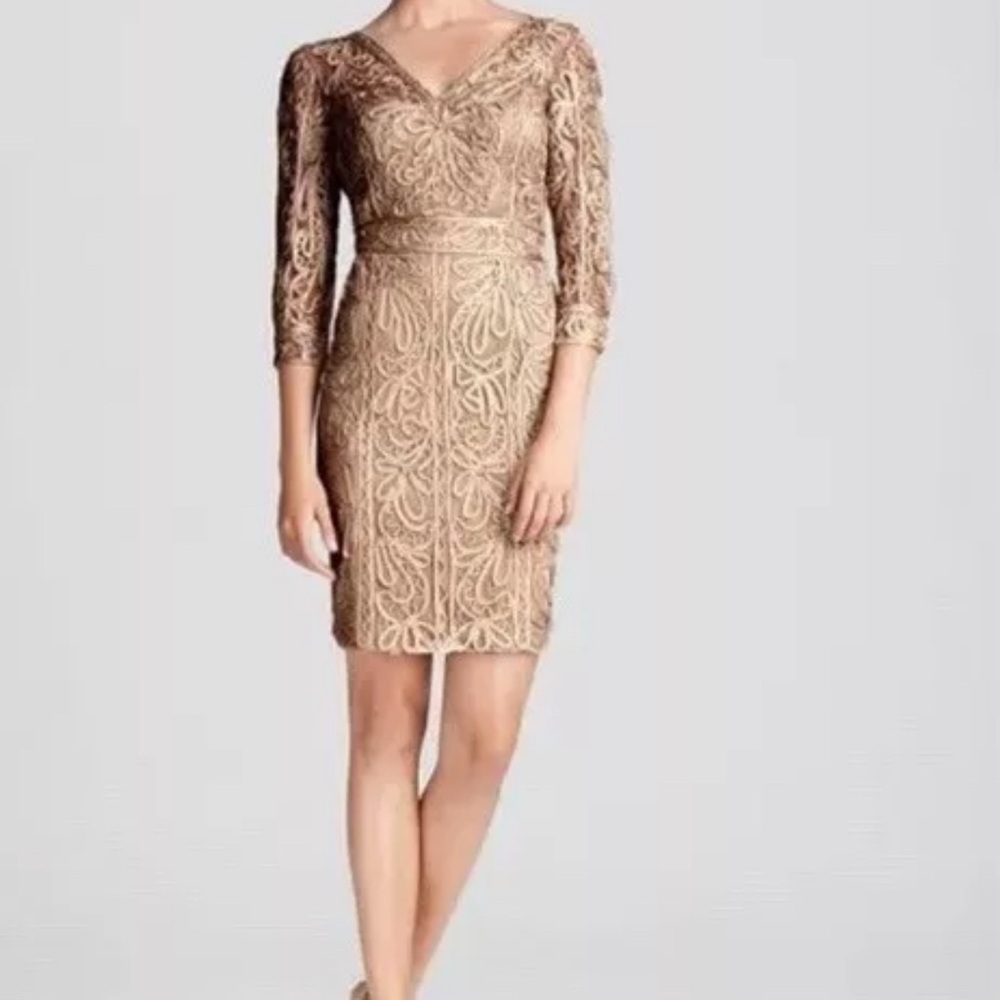 Sue Wong Sheath Dress with V-Neck and 3/4 Cuffed Sleeves